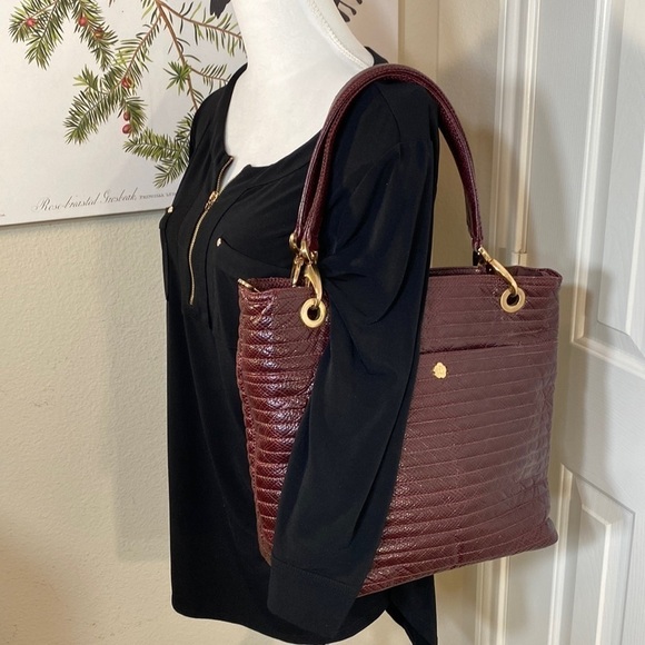 Eric JAVITS Quilted Leather Tote Shoulder Bag Purse Burgandy - Picture 3 of 16